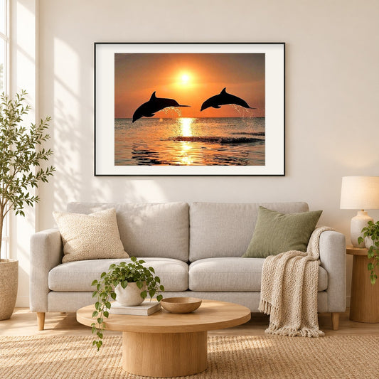 Meer Delfine & Sonnenuntergang Blick als gerahmtes Diamond Painting im Wohnzimmer