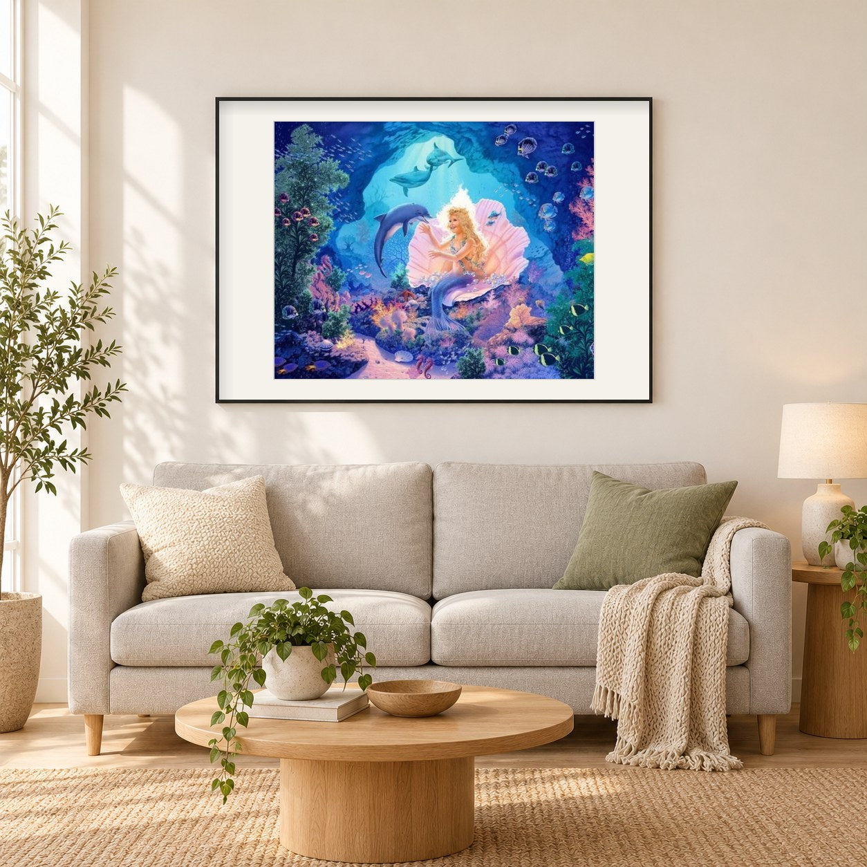 Meerjungfrau Königin & Delfine als gerahmtes Diamond Painting im Wohnzimmer
