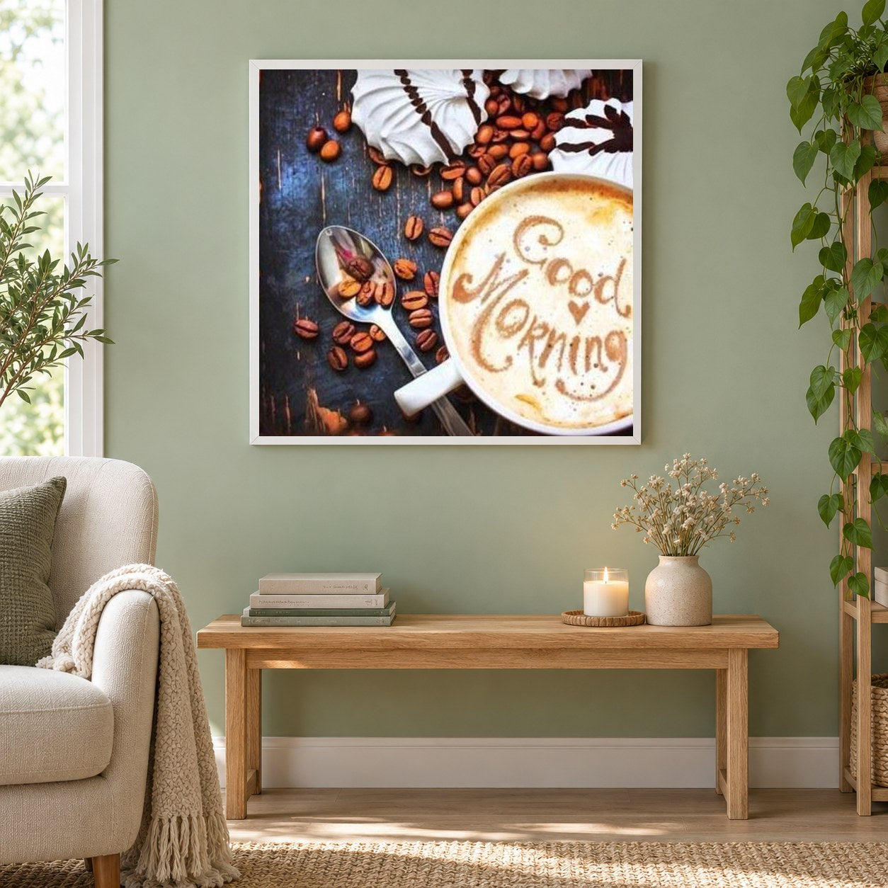 Morgen Kaffee als gerahmtes Diamond Painting im Wohnzimmer