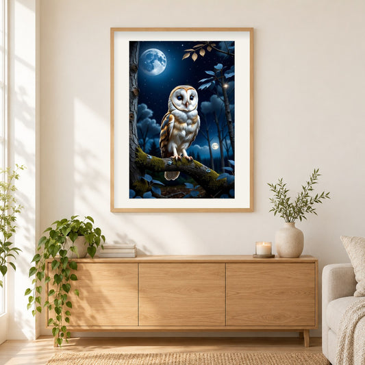 Mr. Owls nächtliche Wache als gerahmtes Diamond Painting im Wohnzimmer