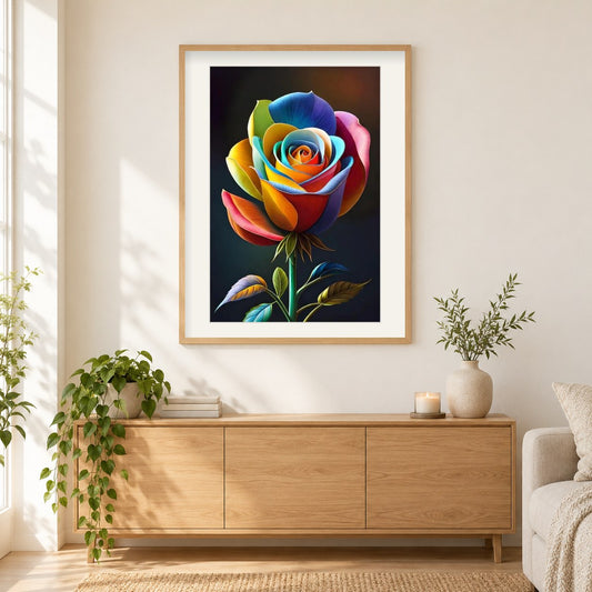 Die Pracht einer mehrfarbigen Rose als gerahmtes Diamond Painting im Wohnzimmer