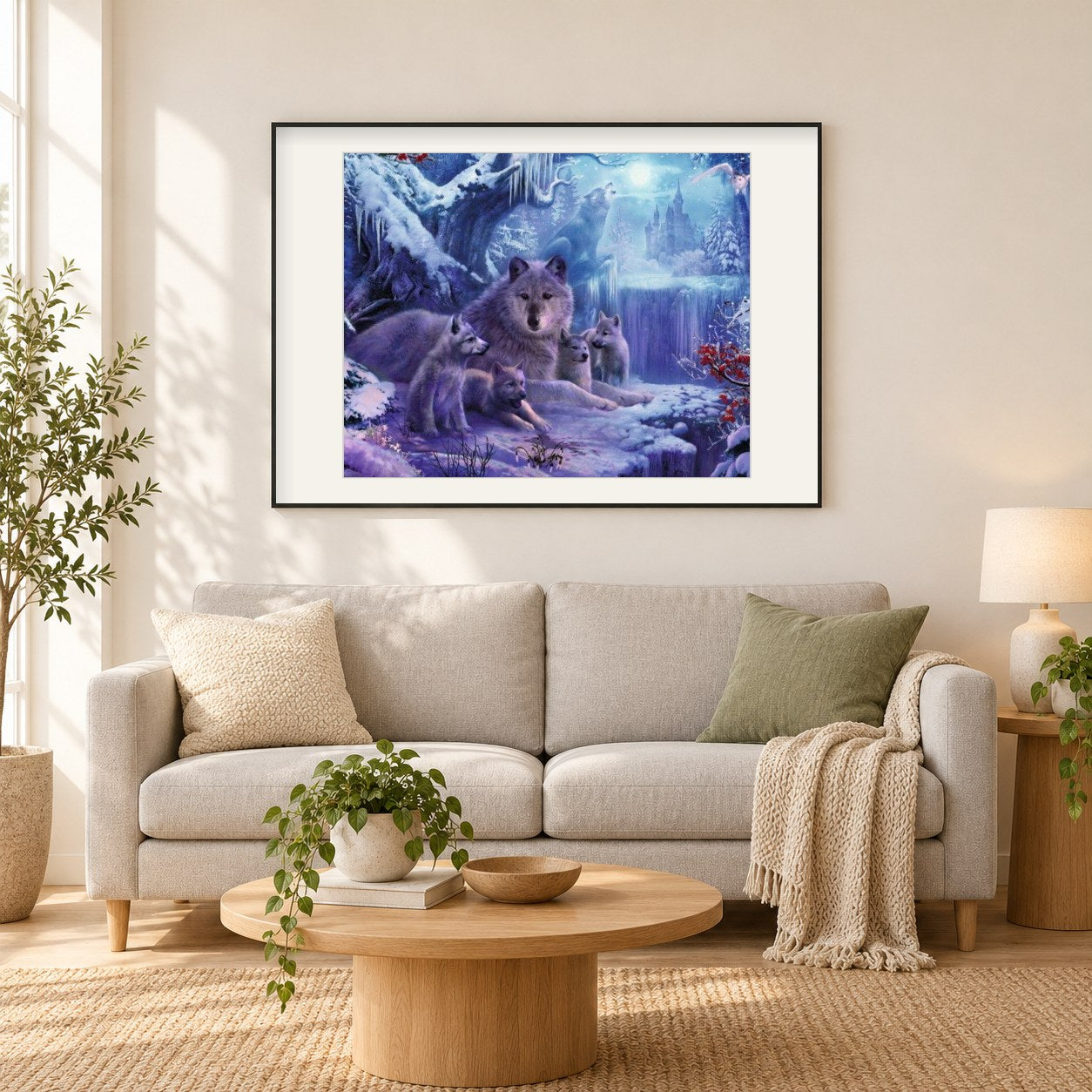 Mutter Wolf mit kleinen Jung als gerahmtes Diamond Painting im Wohnzimmer