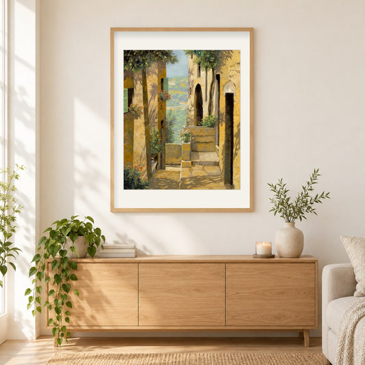Schmale Straße in St. Paul de Vence - Kunst des Guido Borelli als gerahmtes Diamond Painting im Wohnzimmer