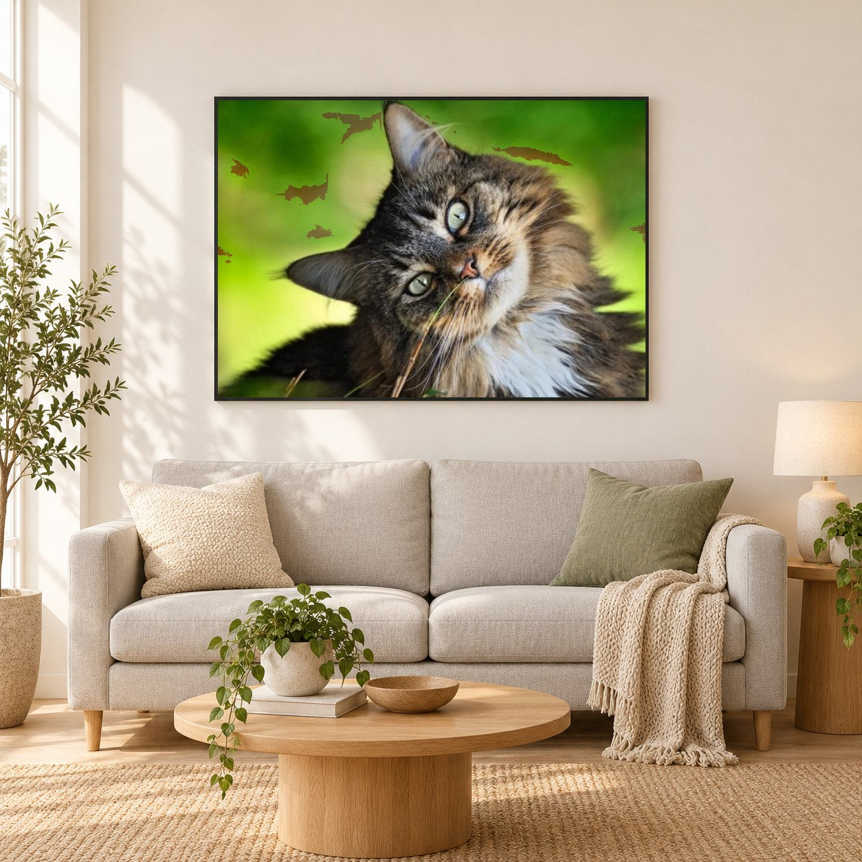 Nette Katze, die seitwärts schaut als gerahmtes Diamond Painting im Wohnzimmer