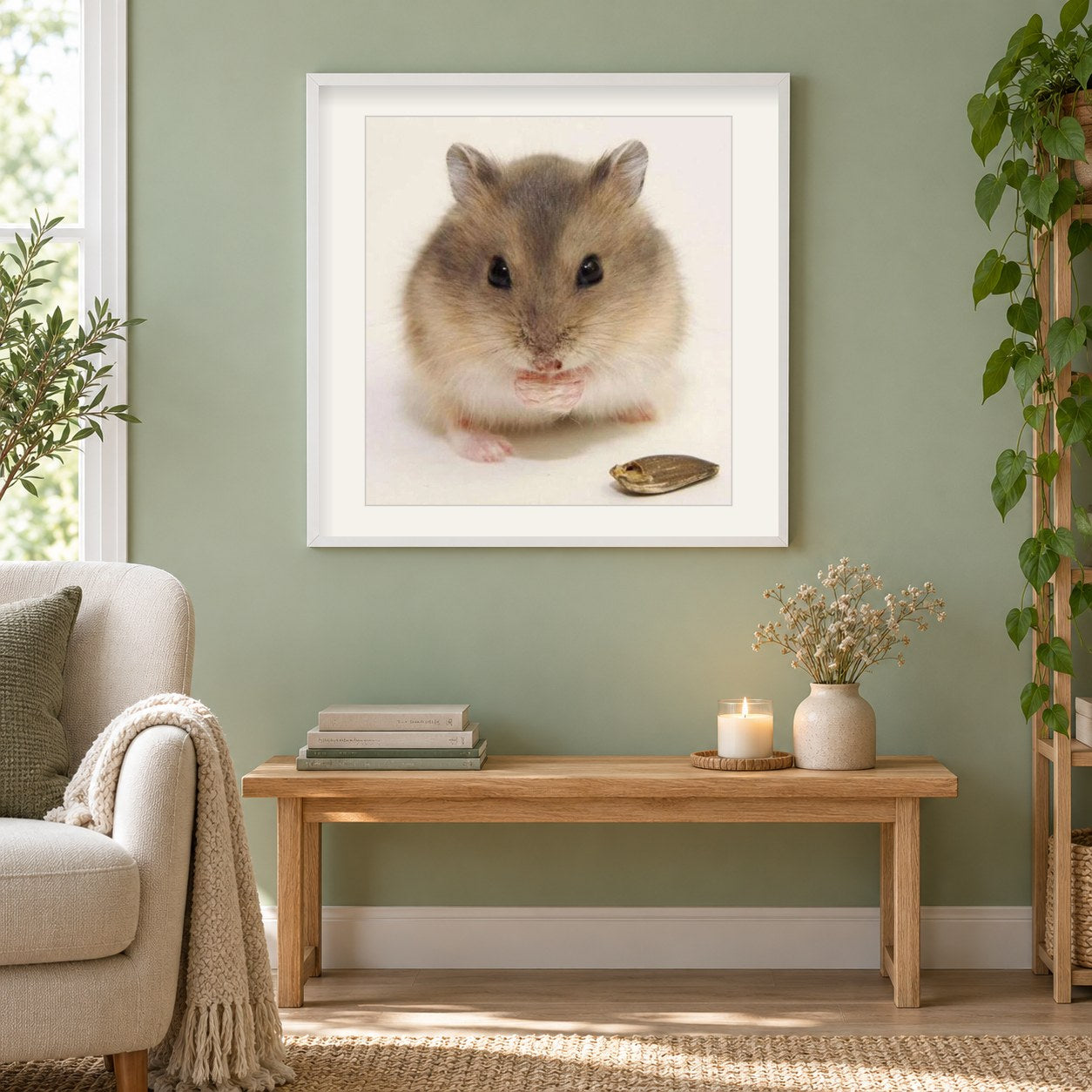 Nette Maus als gerahmtes Diamond Painting im Wohnzimmer
