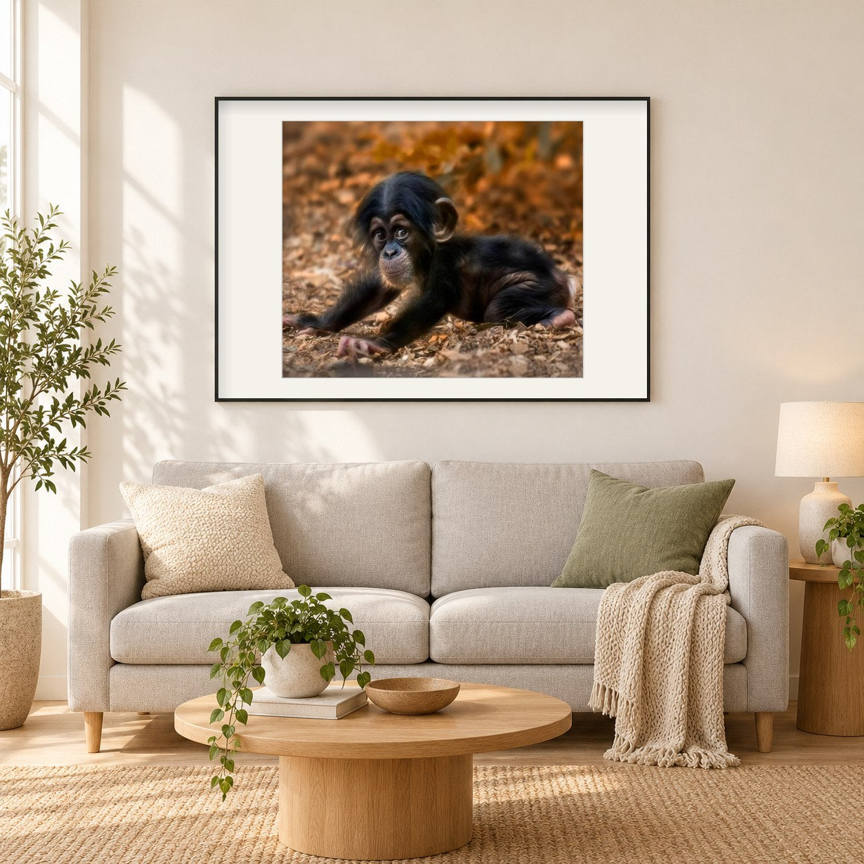 Netter Baby-Affe als gerahmtes Diamond Painting im Wohnzimmer
