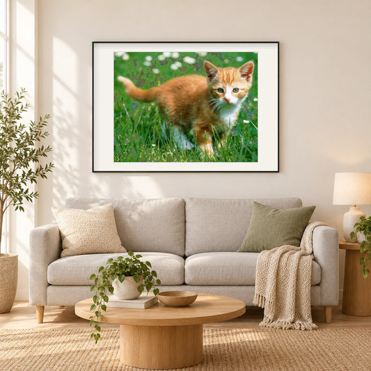 Nettes Kätzchen und Grünes Gras als gerahmtes Diamond Painting im Wohnzimmer