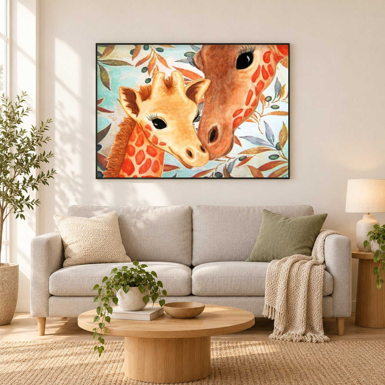 Niedliche Baby Giraffe & Mutter als gerahmtes Diamond Painting im Wohnzimmer