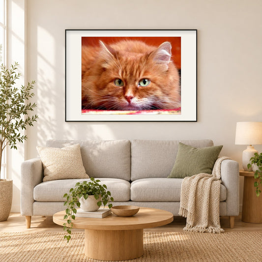 Niedliche orange Katze als gerahmtes Diamond Painting im Wohnzimmer