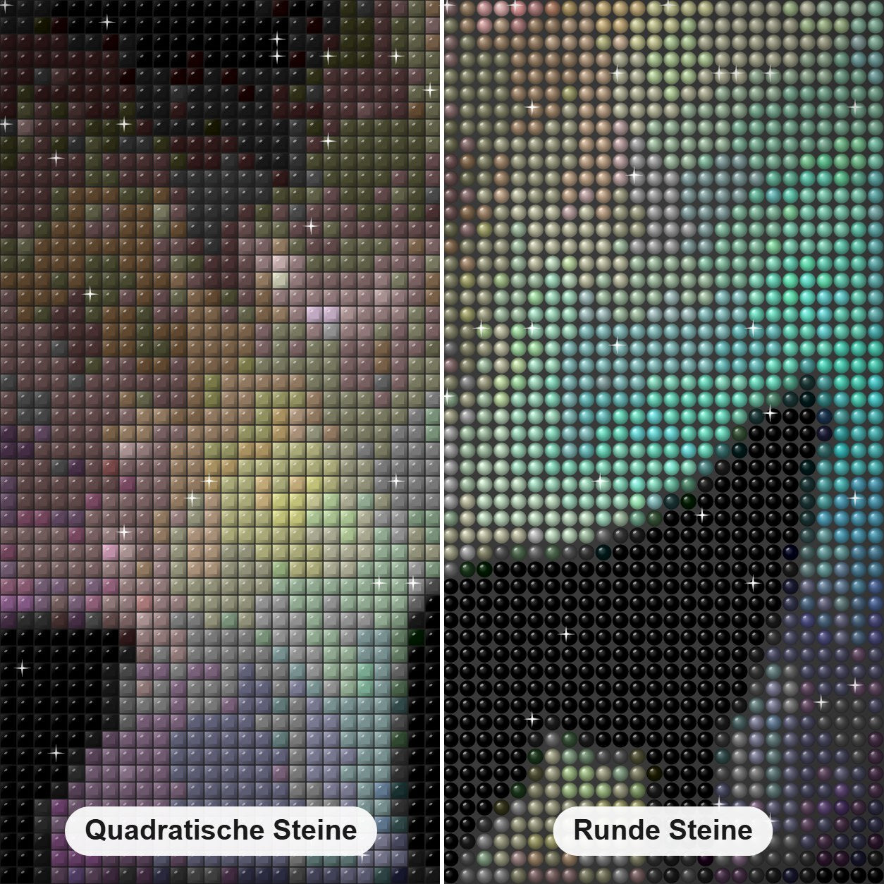 Nordlichter & Heulender Wolf Diamond Painting Nahaufnahme mit quadratischen und runden Steinen