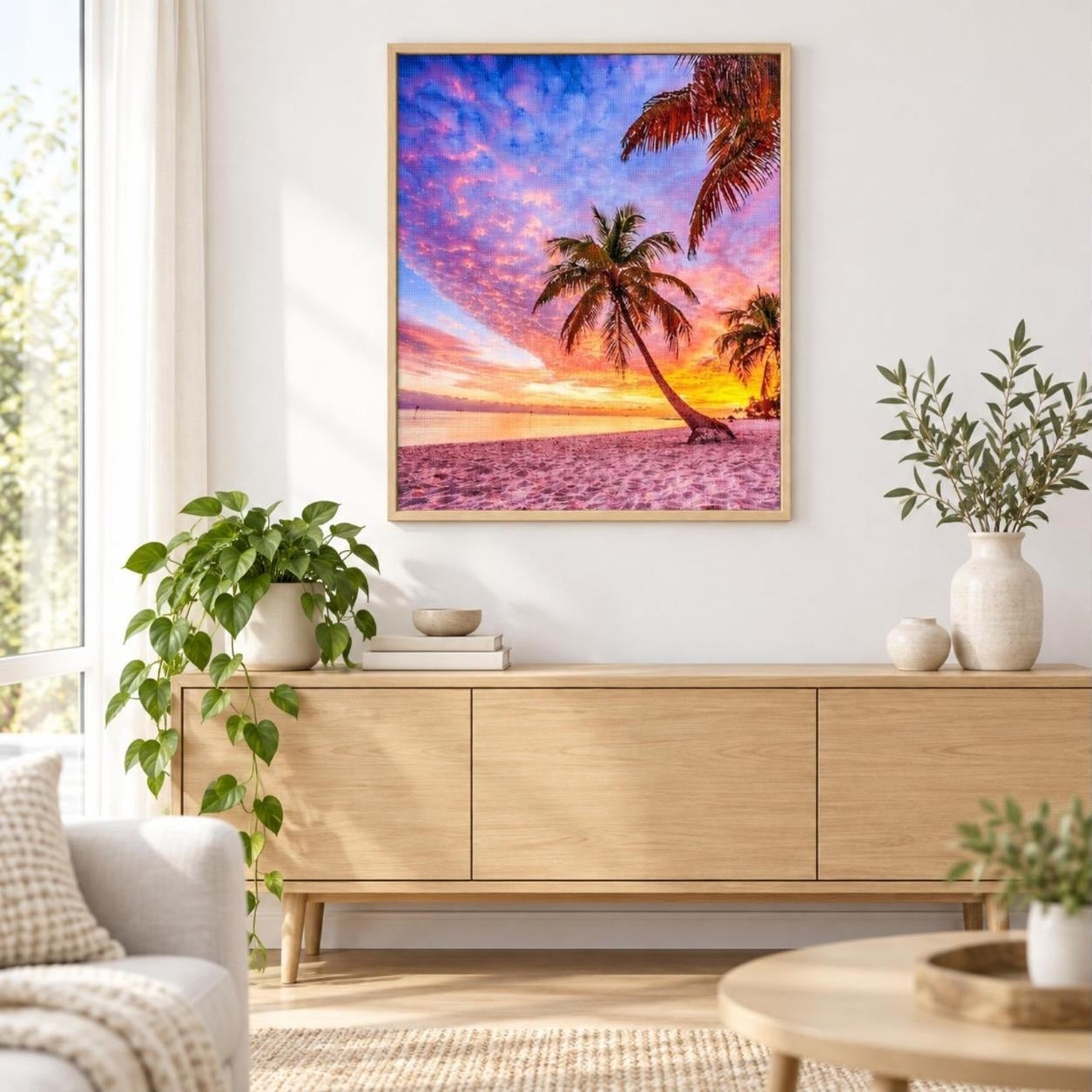 Palmen am Strand im Sonnenuntergang als gerahmtes Diamond Painting im Wohnzimmer
