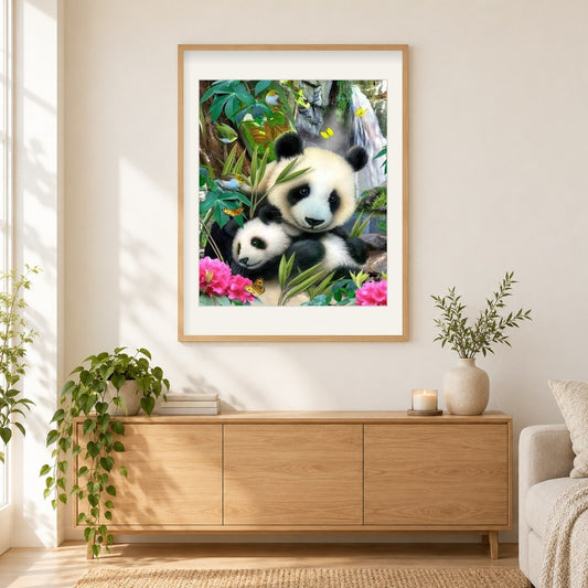 Pandas, Spatzen & Schmetterlinge als gerahmtes Diamond Painting im Wohnzimmer
