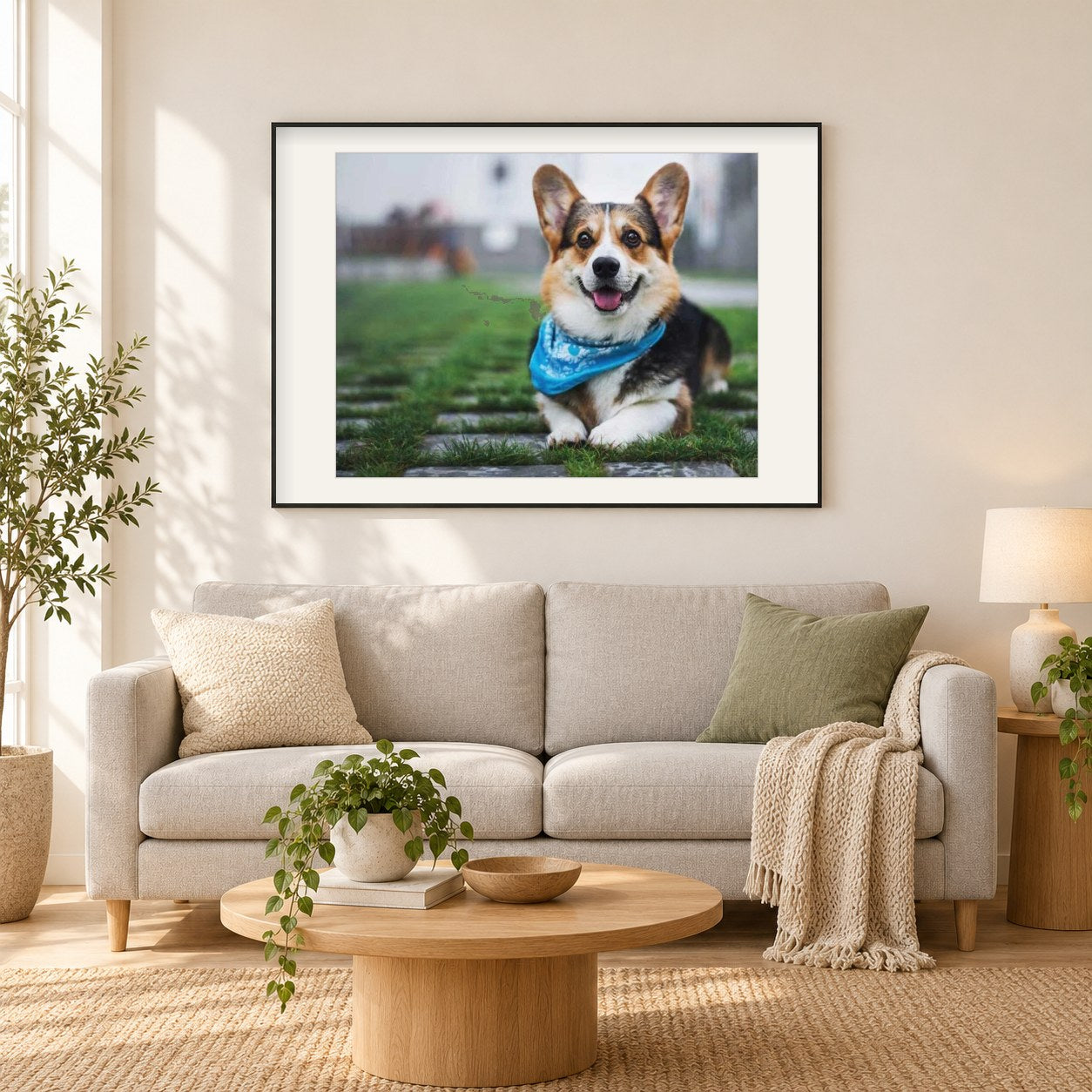 Pembroke Welsh Corgi als gerahmtes Diamond Painting im Wohnzimmer