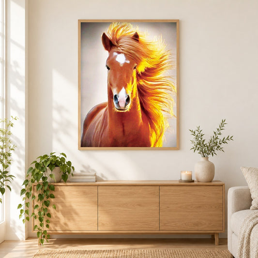 Pferd als gerahmtes Diamond Painting im Wohnzimmer