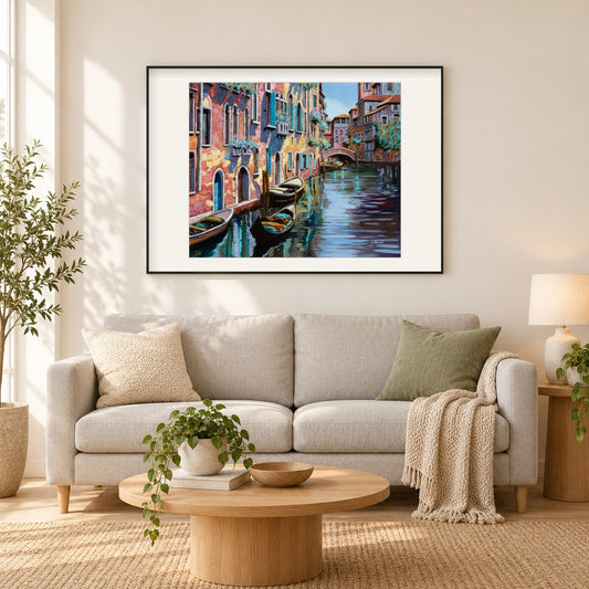 Rosa Venedig - Kunst des Guido Borelli als gerahmtes Diamond Painting im Wohnzimmer