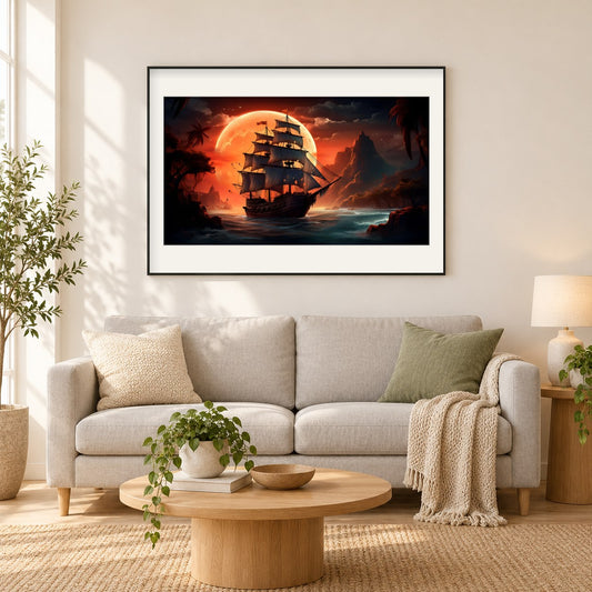 Piratenschiff-Gemälde von Diamonds als gerahmtes Diamond Painting im Wohnzimmer