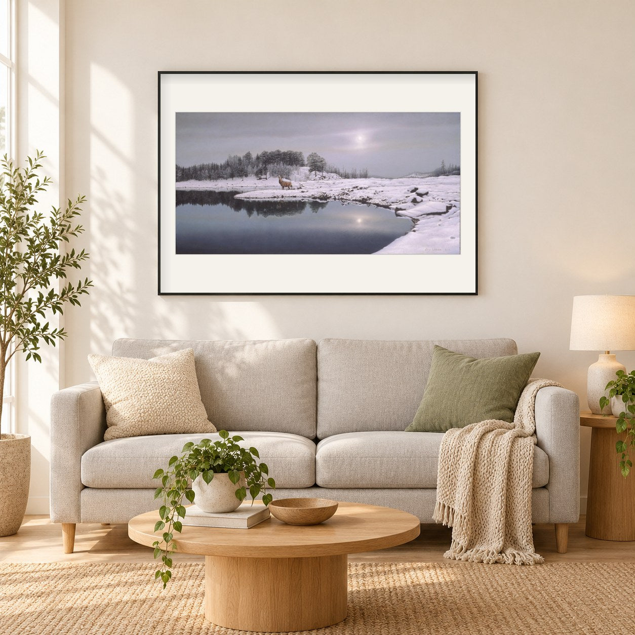 Reflexionen des Winters -  Kunst des Eric Wilson als gerahmtes Diamond Painting im Wohnzimmer