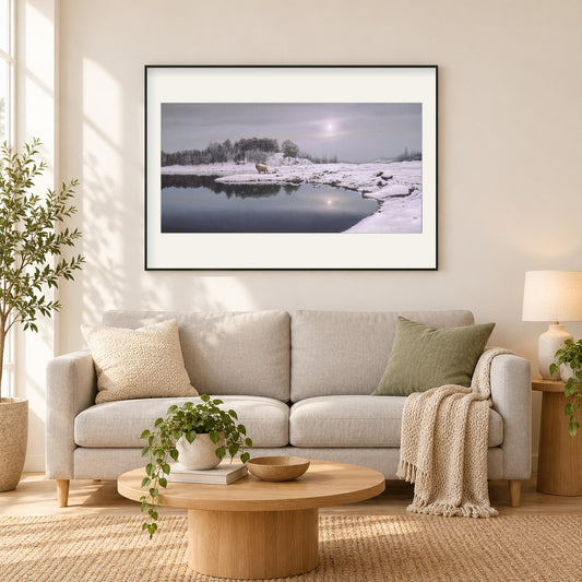 Reflexionen des Winters - Kunst des Eric Wilson als gerahmtes Diamond Painting im Wohnzimmer