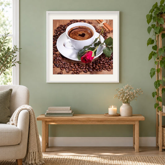 Rose & schwarzer Kaffee als gerahmtes Diamond Painting im Wohnzimmer