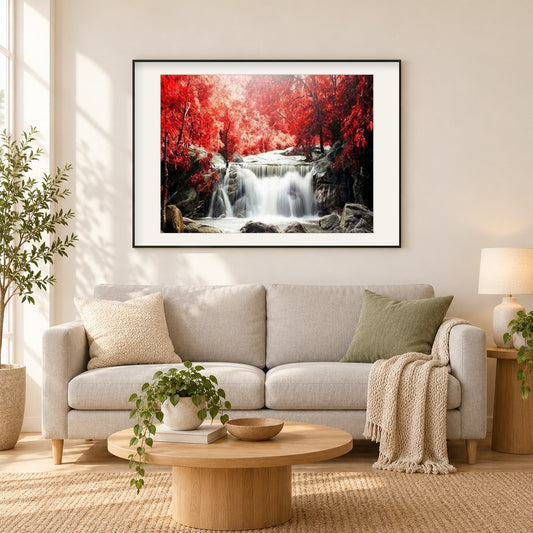 Rote Bäume und Wasserfall als gerahmtes Diamond Painting im Wohnzimmer