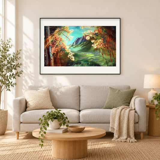 Runde Tal-Espen Mt Morrison - Kunst des Jean Guillet als gerahmtes Diamond Painting im Wohnzimmer