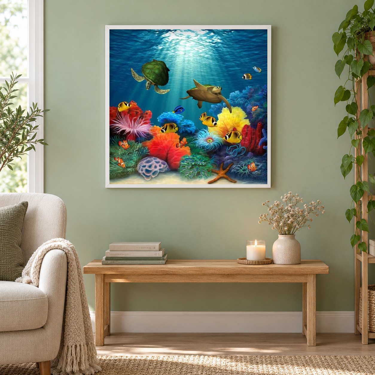 Schildkröten & Fische im Wasser als gerahmtes Diamond Painting im Wohnzimmer