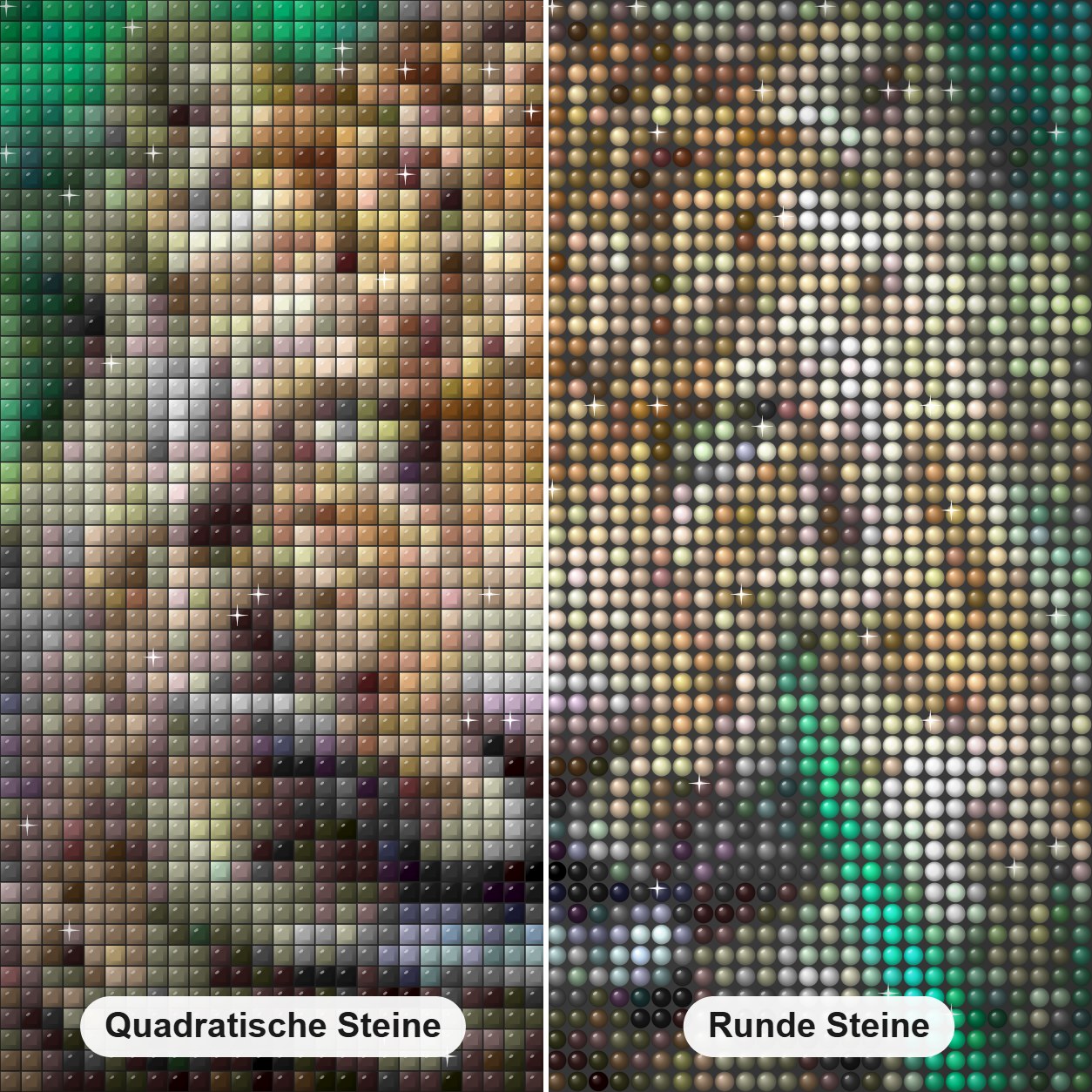 Schneeleopard Diamond Painting Nahaufnahme mit quadratischen und runden Steinen