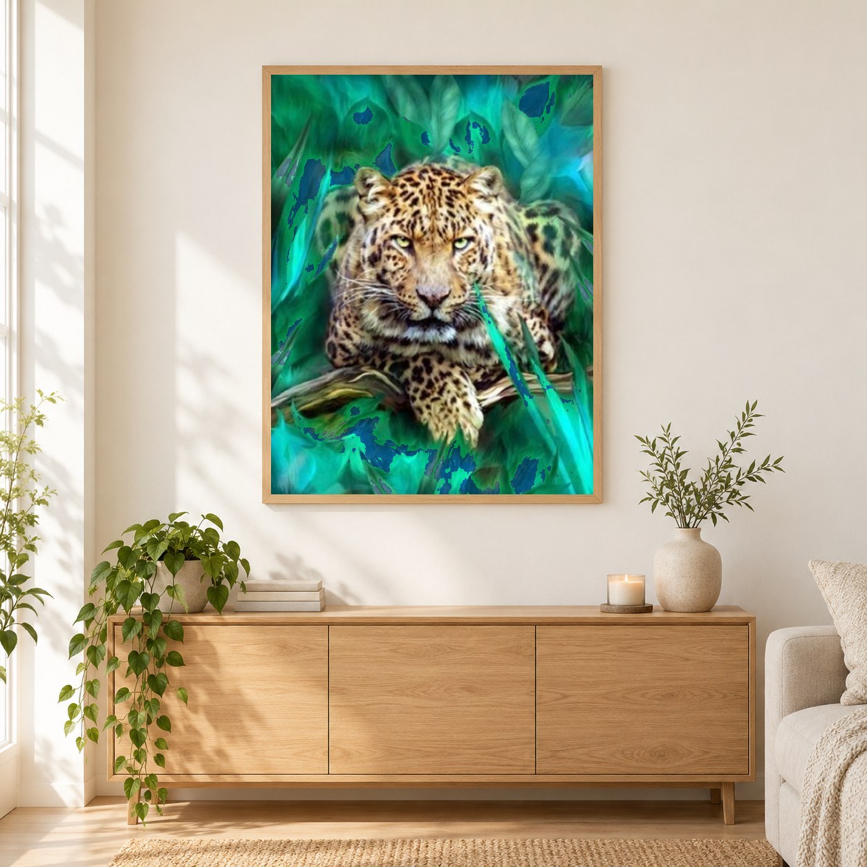 Schneeleopard als gerahmtes Diamond Painting im Wohnzimmer