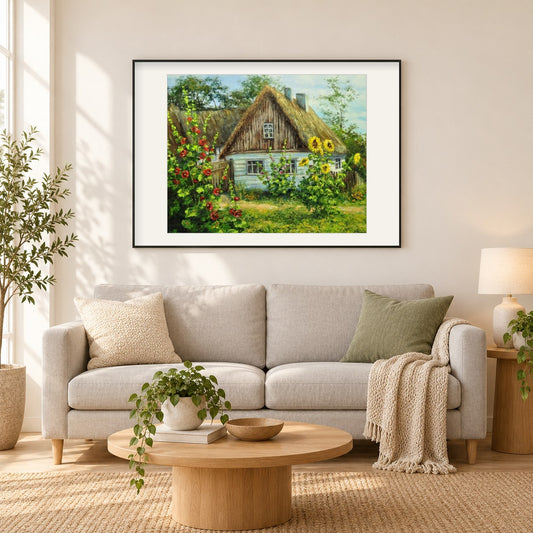 Schöne Hütte & Blumen als gerahmtes Diamond Painting im Wohnzimmer