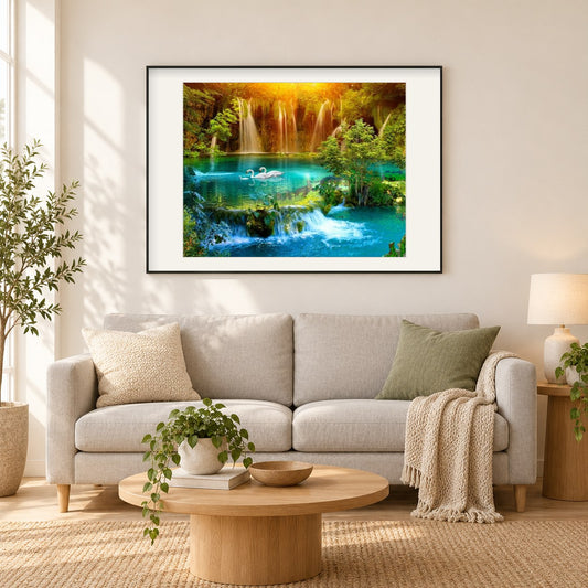 Schöner Wasserfall mit Schwänen als gerahmtes Diamond Painting im Wohnzimmer