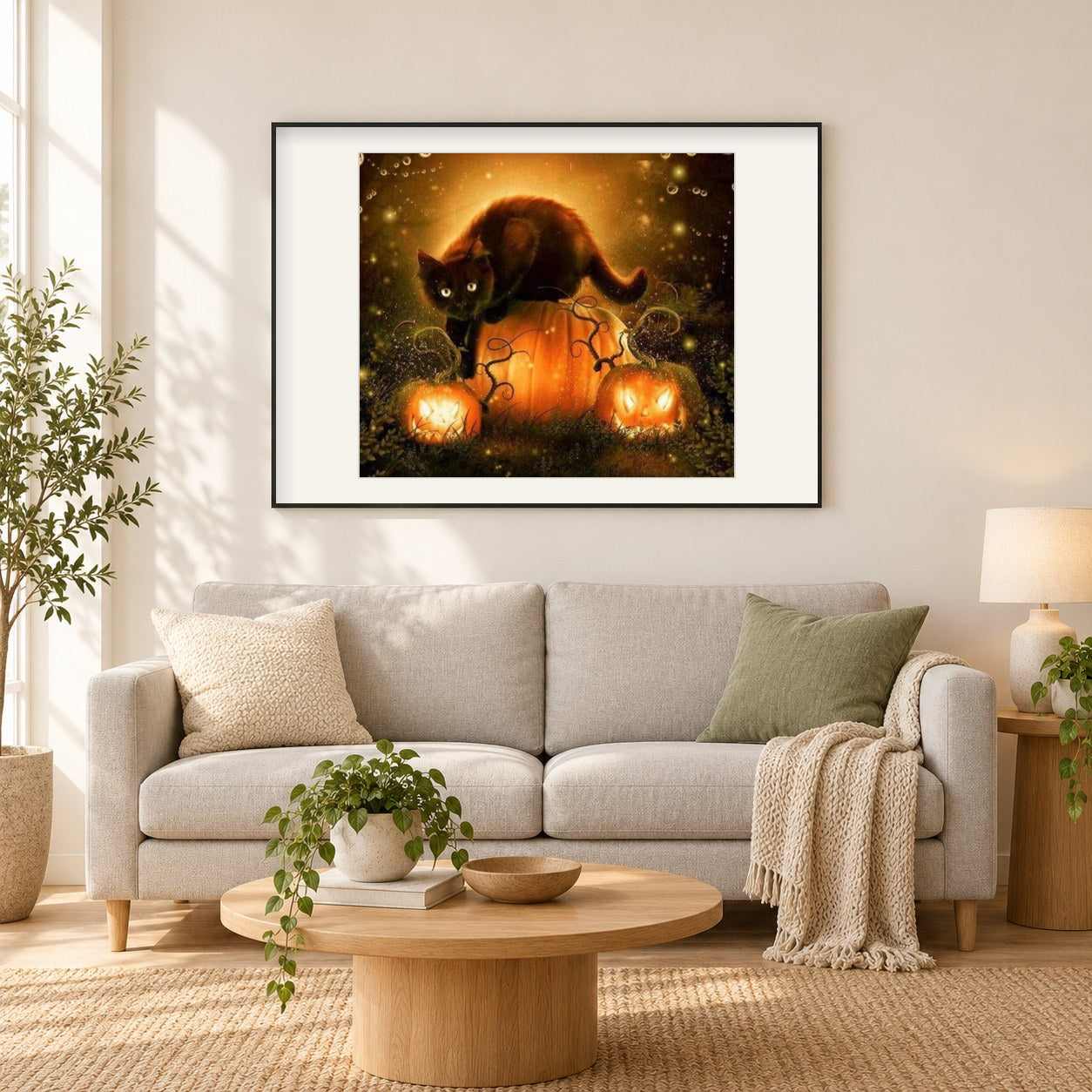 Schwarze Katze & Halloween Kürbisse als gerahmtes Diamond Painting im Wohnzimmer
