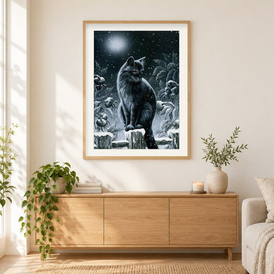 Schwarze Katze in der Nacht als gerahmtes Diamond Painting im Wohnzimmer