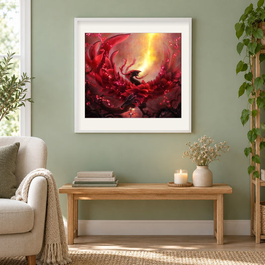 Schwarzer Rosendrache als gerahmtes Diamond Painting im Wohnzimmer
