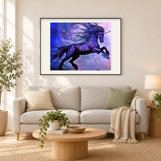 Schwarzes Einhorn als gerahmtes Diamond Painting im Wohnzimmer