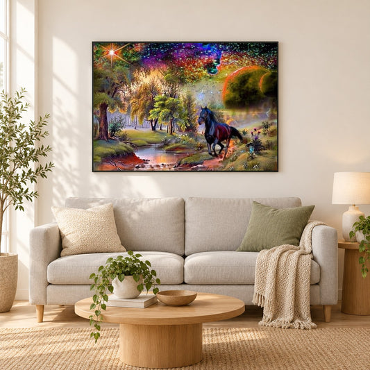 Schwarzes Pferd & landschaftliche Schönheit als gerahmtes Diamond Painting im Wohnzimmer