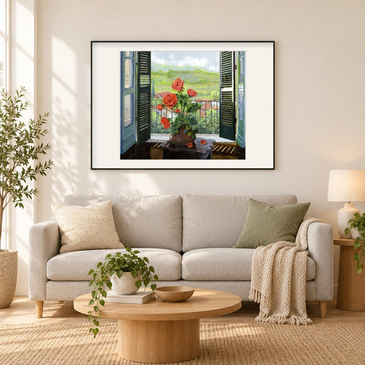 Fensterläden öffnen sich über dem Tal - Kunst des Guido Borelli als gerahmtes Diamond Painting im Wohnzimmer