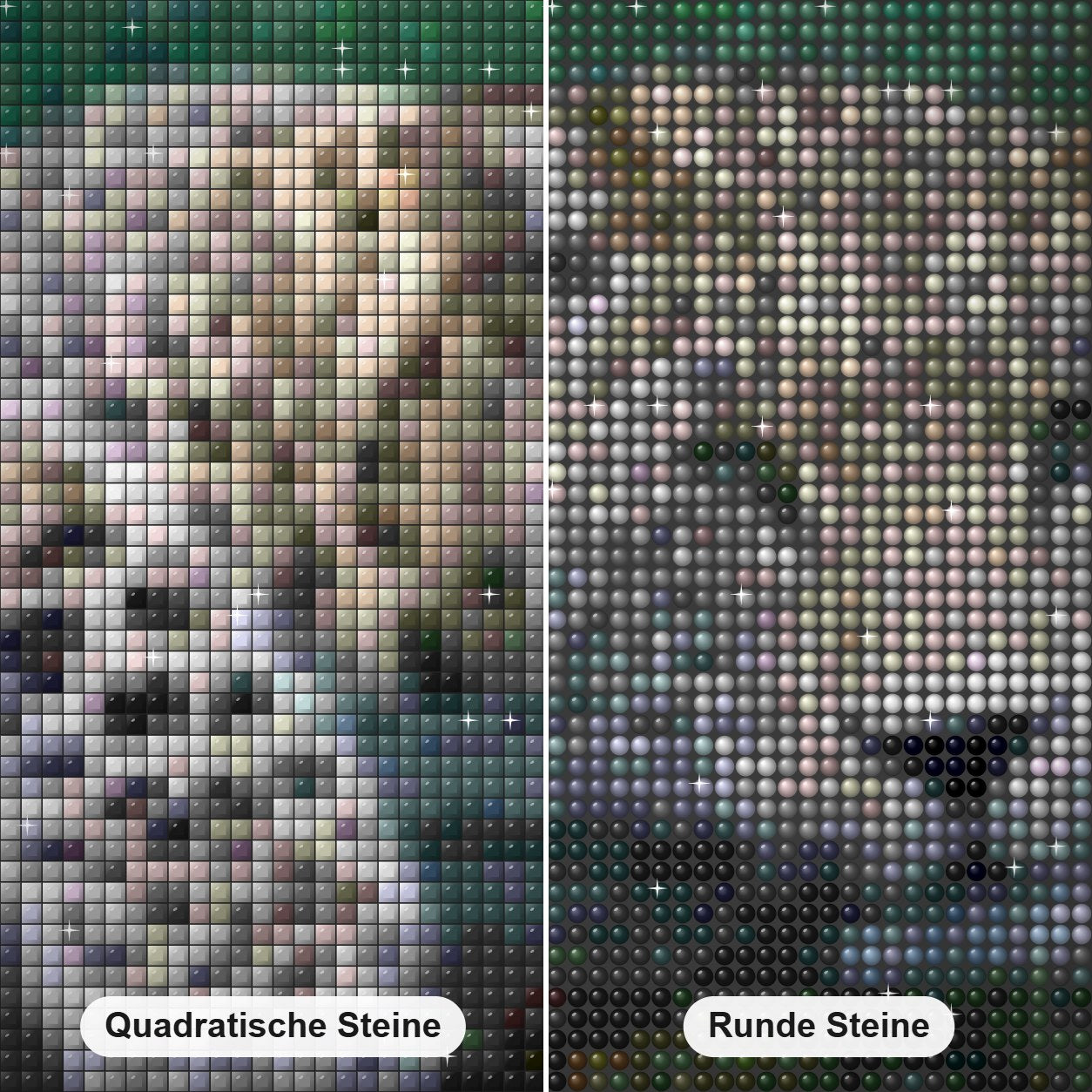 Schneeleopard - Kunst des Denise Dundon Diamond Painting Nahaufnahme mit quadratischen und runden Steinen