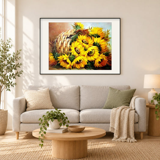Sonnenblumenkorb als gerahmtes Diamond Painting im Wohnzimmer