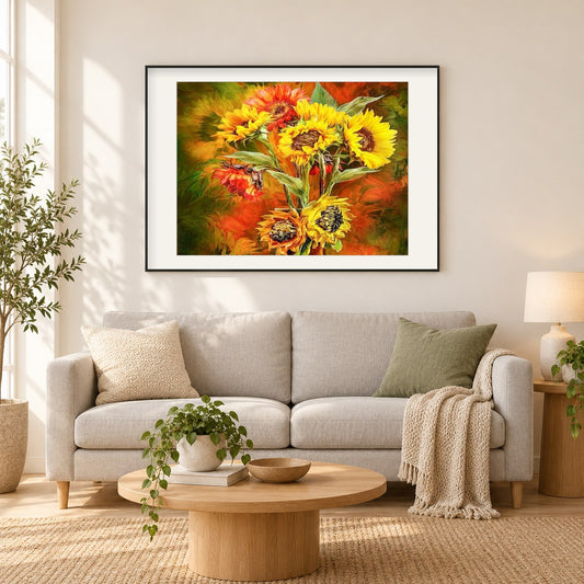 Sonnenblumenstrauß als gerahmtes Diamond Painting im Wohnzimmer