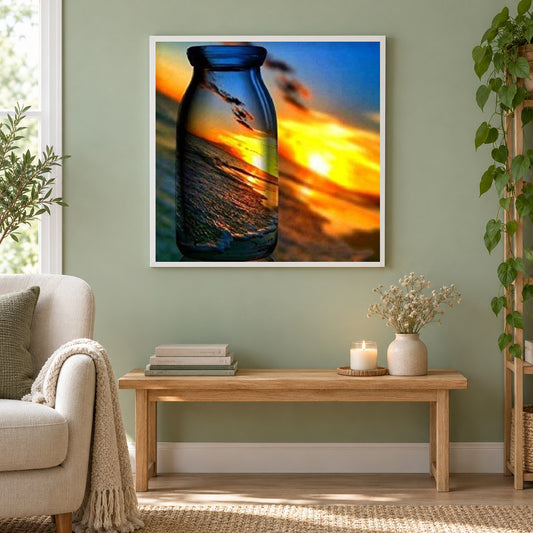 Sonnenuntergang in Glasflasche gefangen als gerahmtes Diamond Painting im Wohnzimmer