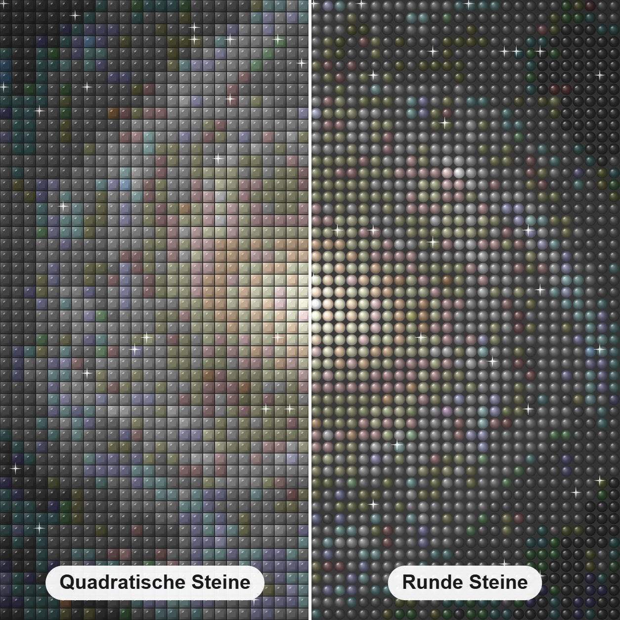 Spiral Schneeflocke Diamond Painting Nahaufnahme mit quadratischen und runden Steinen