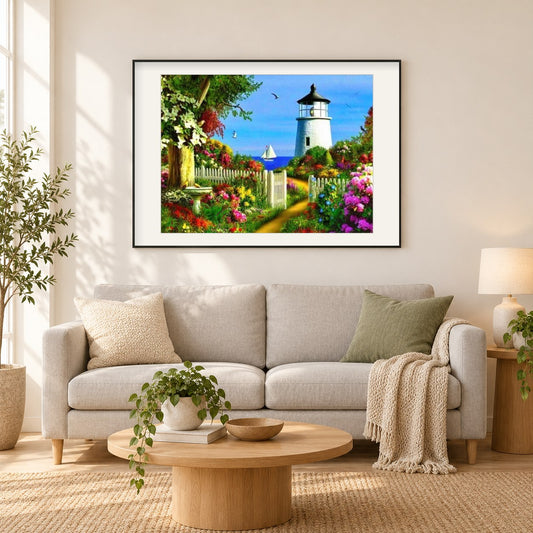 Spring Point Sims Leuchtturm als gerahmtes Diamond Painting im Wohnzimmer