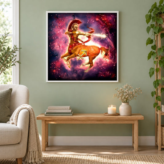 Sternzeichen Schütze als gerahmtes Diamond Painting im Wohnzimmer