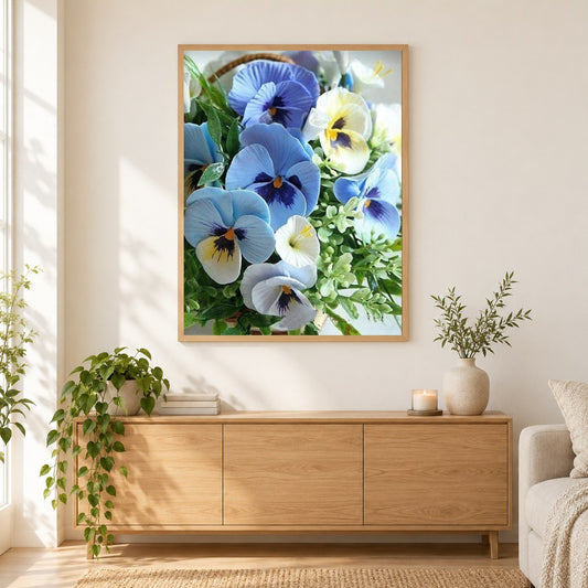 Stiefmütterchen Blumen als gerahmtes Diamond Painting im Wohnzimmer