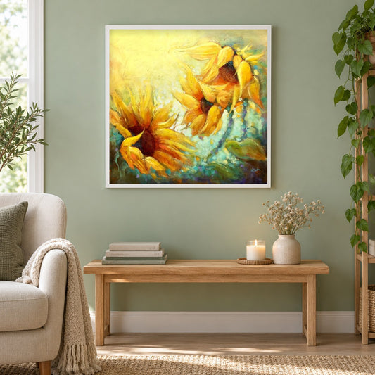 Sonnenbaden - Kunst des Linda Wilder als gerahmtes Diamond Painting im Wohnzimmer