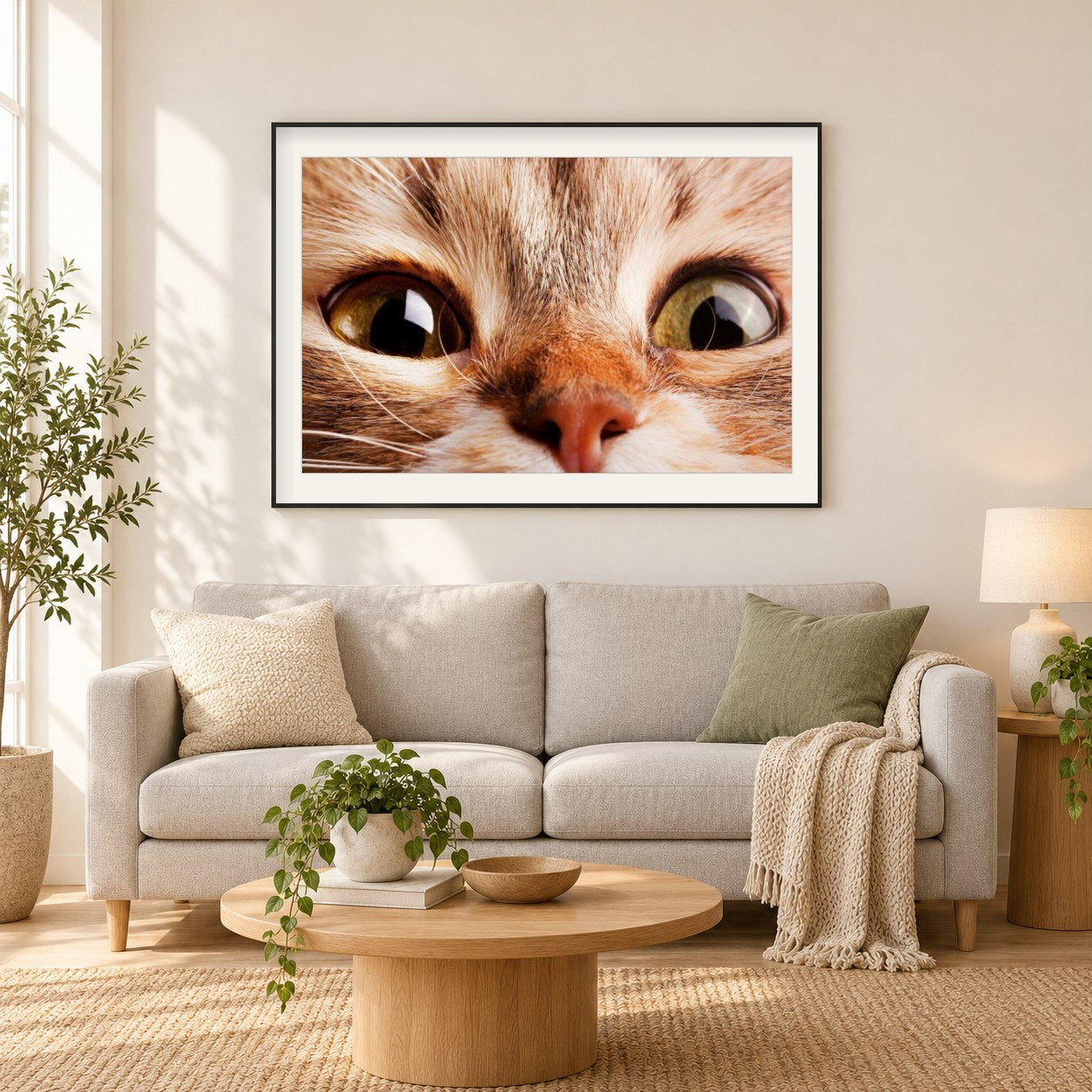 Super süße Katze mit großen Augen als gerahmtes Diamond Painting im Wohnzimmer