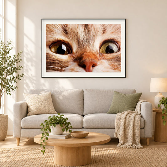 Super süße Katze mit großen Augen als gerahmtes Diamond Painting im Wohnzimmer