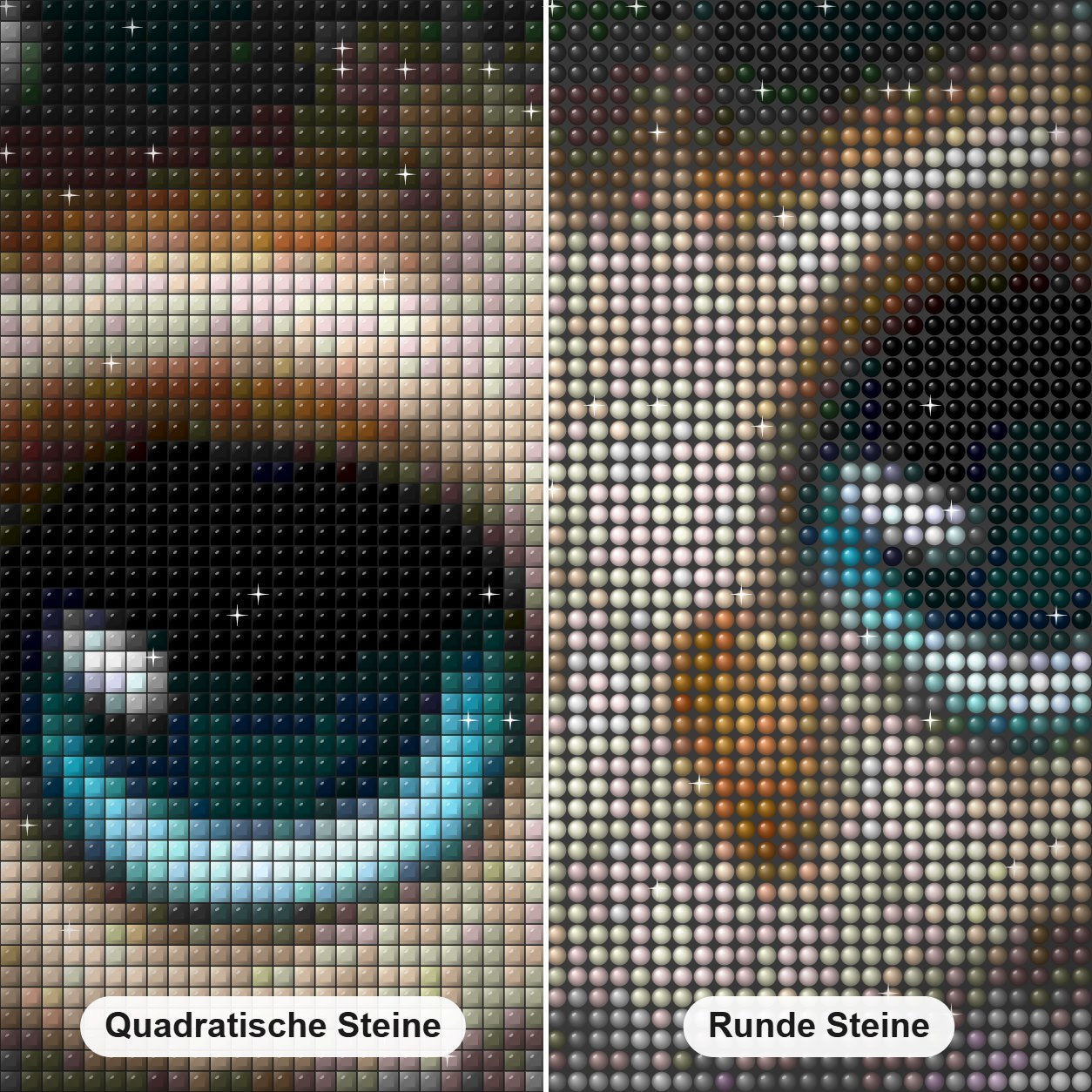 Süße Eule mit blauen Augen Diamond Painting Nahaufnahme mit quadratischen und runden Steinen