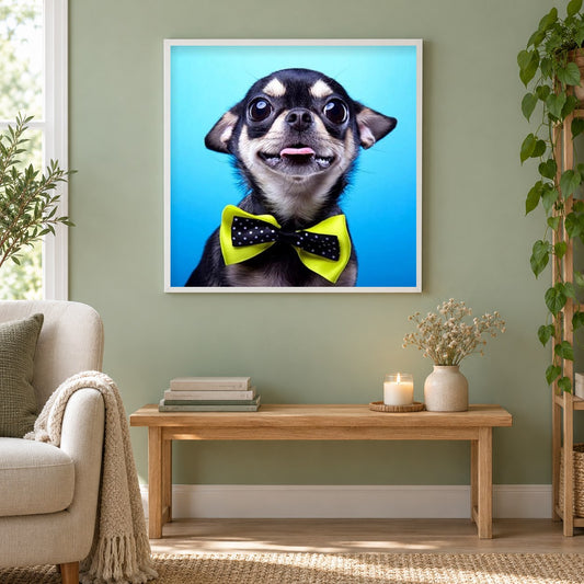 Süßeste Chihuahua mit einer Fliege als gerahmtes Diamond Painting im Wohnzimmer