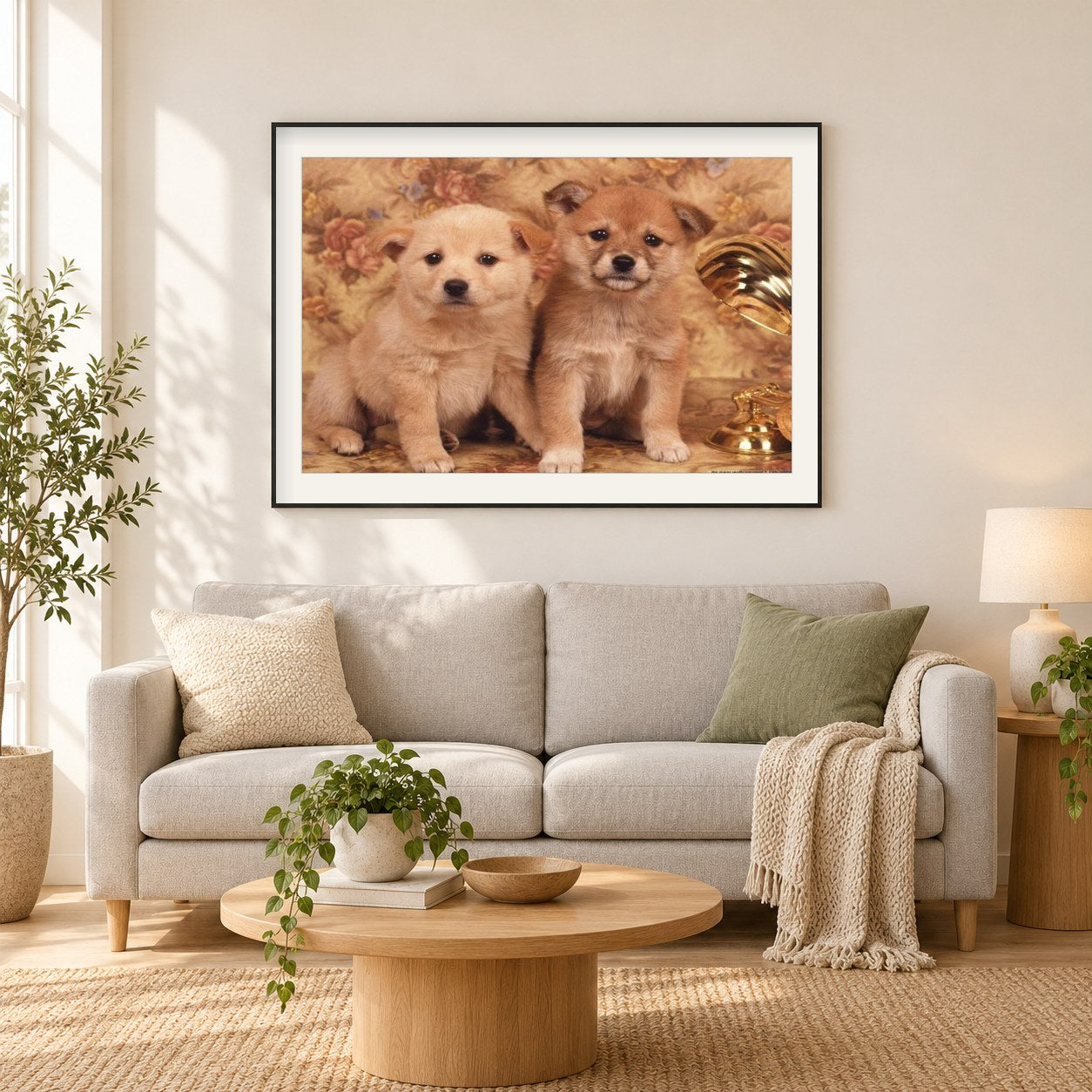 Süßeste Welpen als gerahmtes Diamond Painting im Wohnzimmer